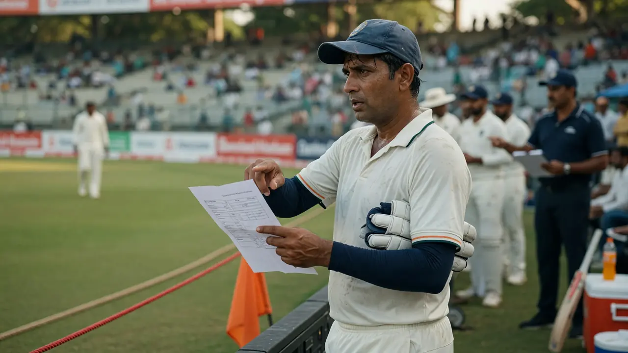 White-clad batter in a navy cap stands by a boundary rope holding a printed team sheet with batting gloves under his arm while teammates wait near the rope