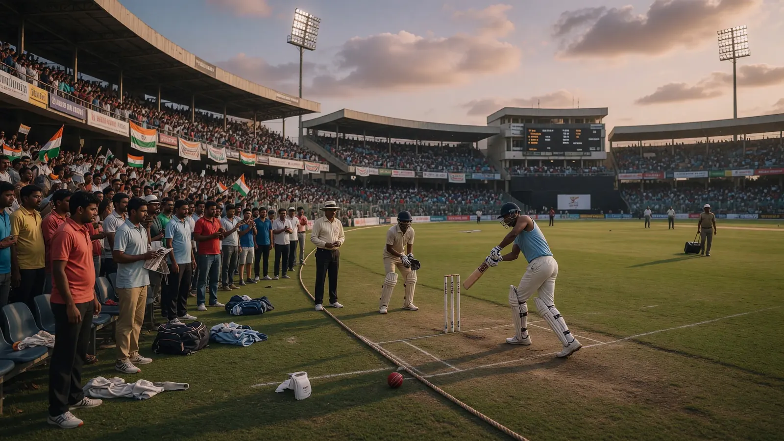 Batter in a light blue top plays a shot as a wicketkeeper in whites crouches behind the stumps in a packed floodlit stadium with spectators holding Indian flags