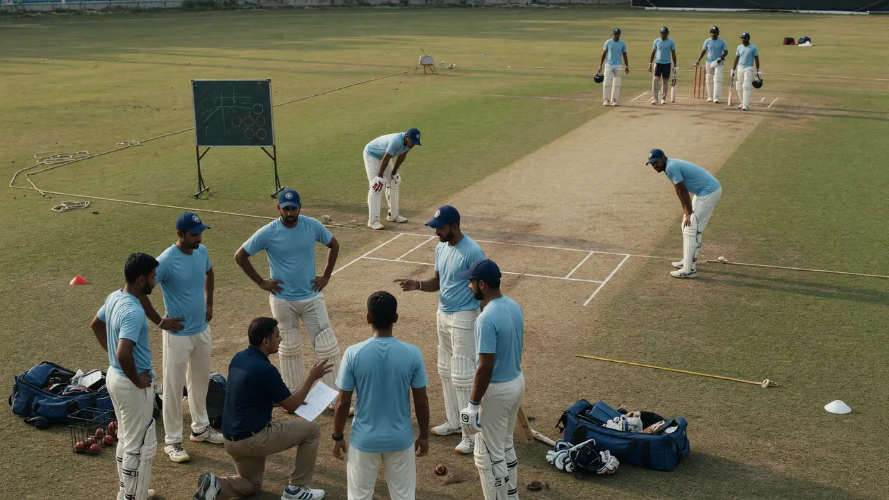 Coach in a navy polo kneels with a clipboard while players in light blue training tops gather around a practice pitch with a field-placement board behind them