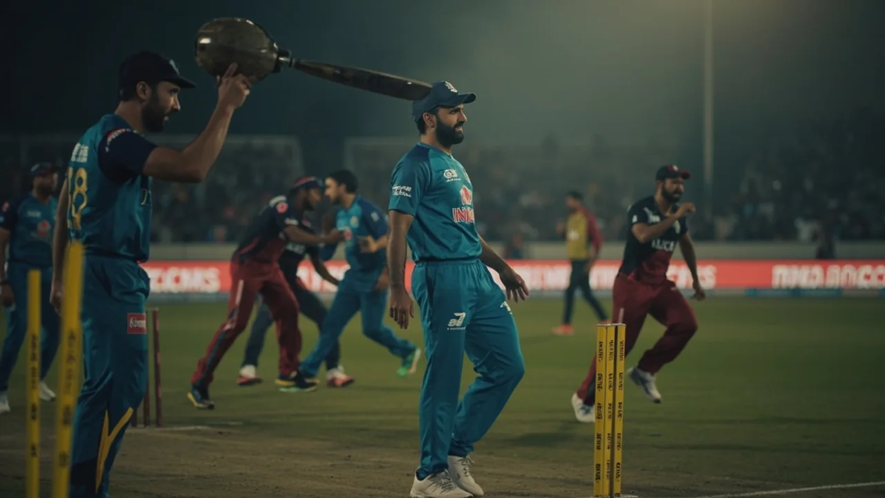 Medium view of a pacer running in to bowl at a red-ball pitch with fielders set in catching positions on either side of the wicket