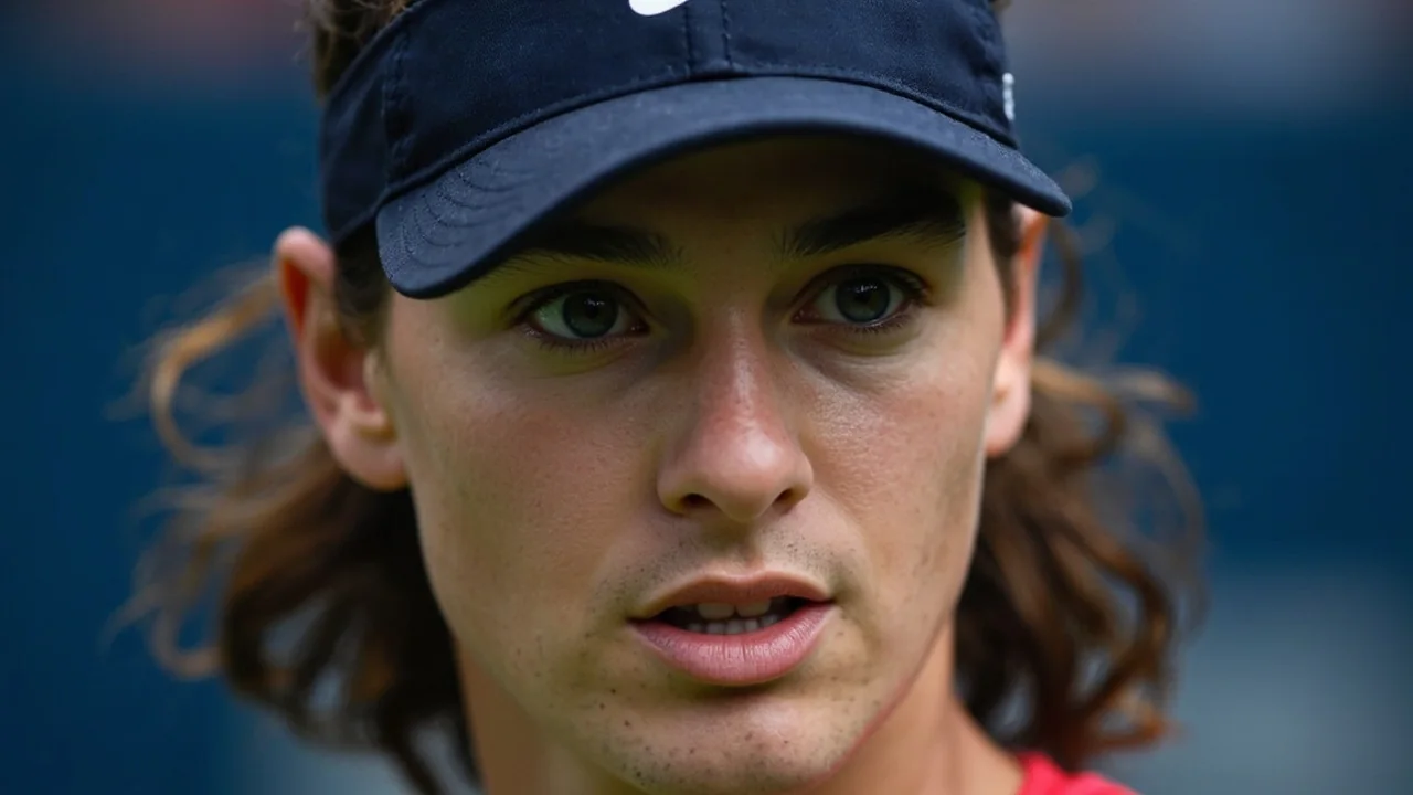 A close editorial frame of a tennis player in mid-serve on an outdoor hard court at the Cincinnati Open, with the player's body uncoiling into the shot and the court surface blurred in the background