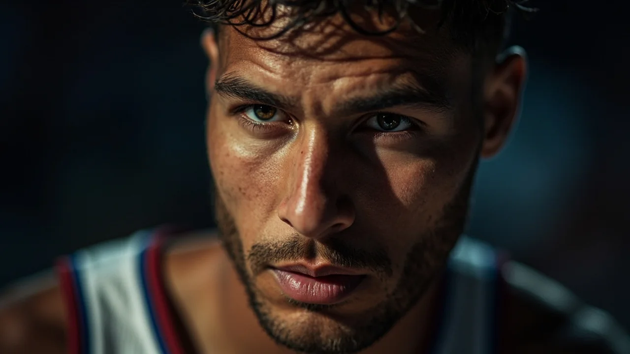 A close editorial frame of a basketball player in mid-action during a EuroLeague game, with shallow depth of field and arena lighting in the background