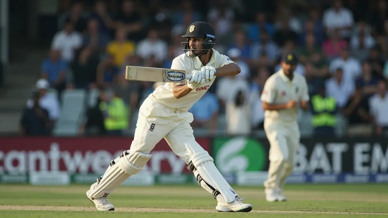 India batter in blue kit plays a pull shot at chest height during a T20I innings, with the ball visible mid-flight against an overcast stadium backdrop