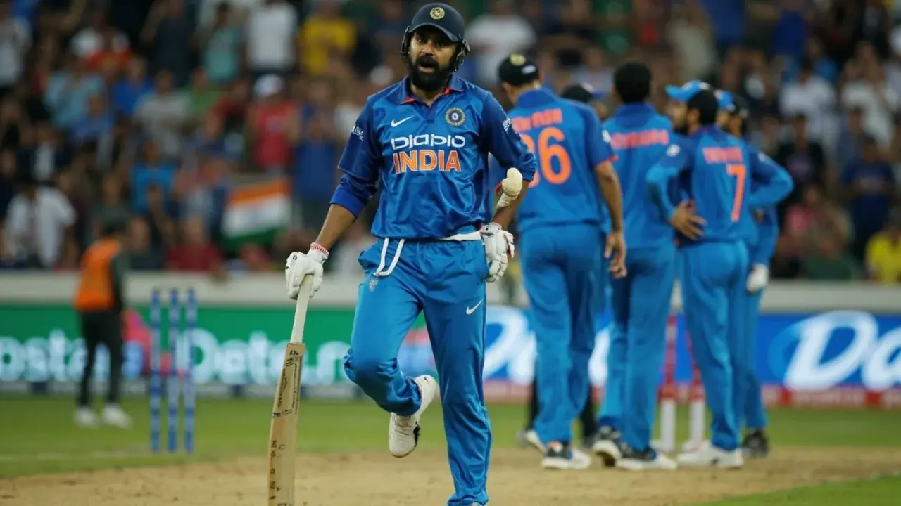 India fielders in blue kits hold a mid-over conference with the captain at mid-off, with the batter waiting at the crease and the stadium sight screen behind