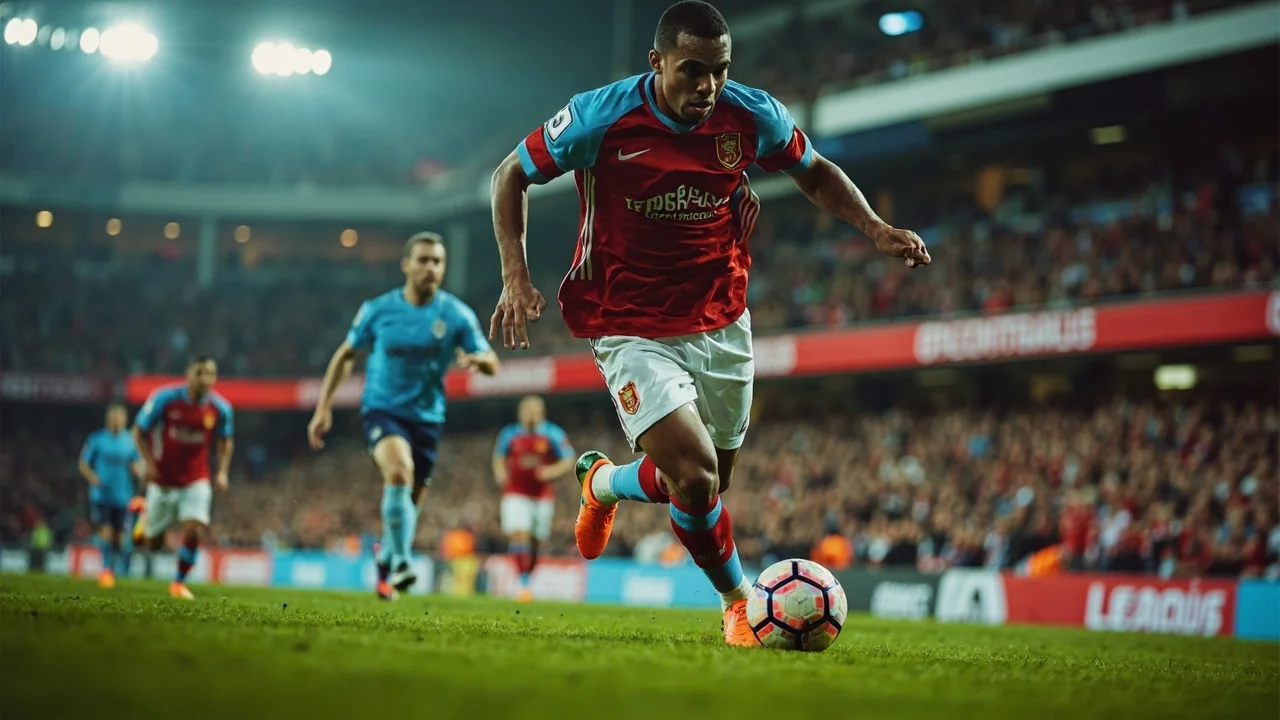 Football player in action at the edge of the penalty area, opponents closing in, with the goal frame visible in the background