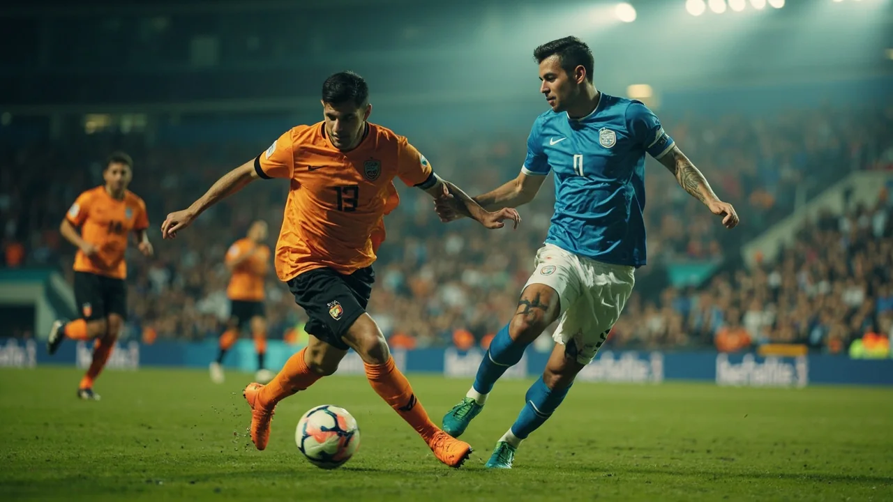 Midfield tactical view of a football match showing team shape, ball carrier and a coach studying the play from the technical area